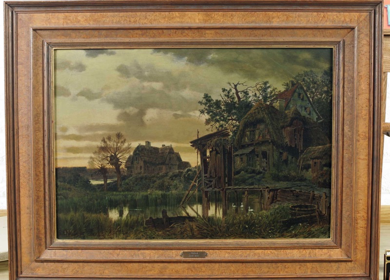 Dubois antikes Ölgemälde Landschaft Häuser Gewässe Toilette