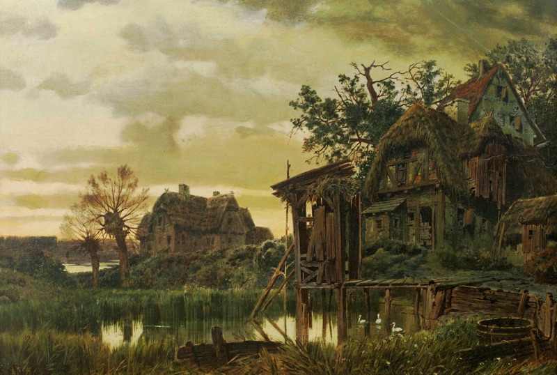 Dubois antikes Ölgemälde Landschaft Häuser Gewässe Toilette