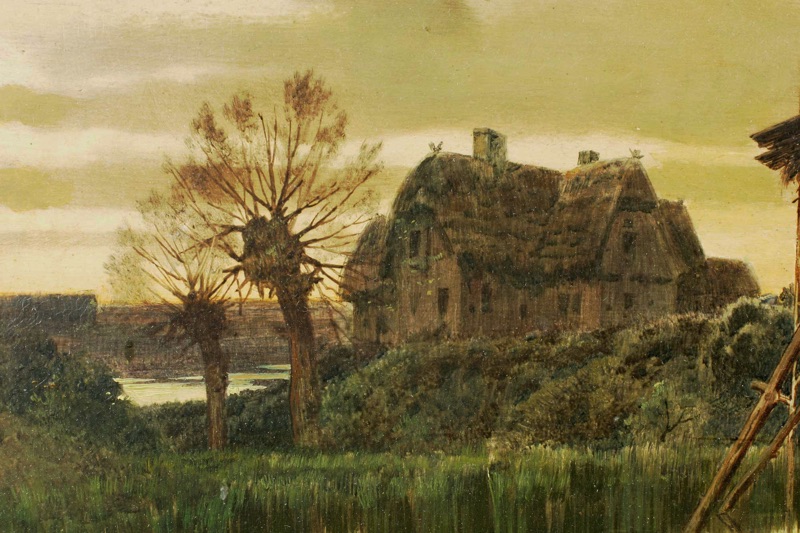 Dubois antikes Ölgemälde Landschaft Häuser Gewässe Toilette