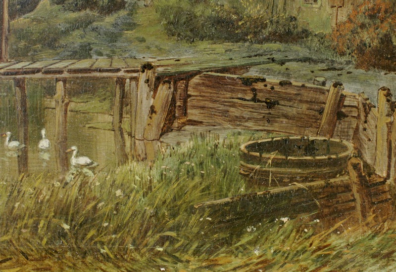 Dubois antikes Ölgemälde Landschaft Häuser Gewässe Toilette