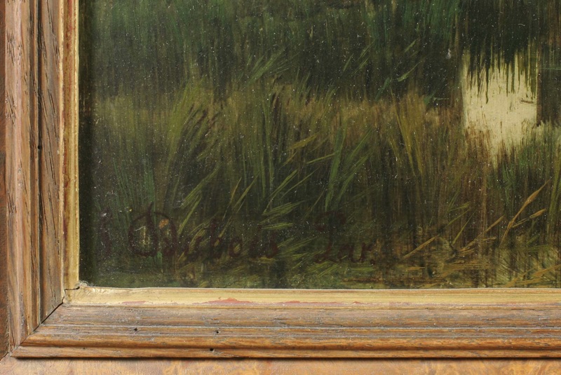 Dubois antikes Ölgemälde Landschaft Häuser Gewässe Toilette