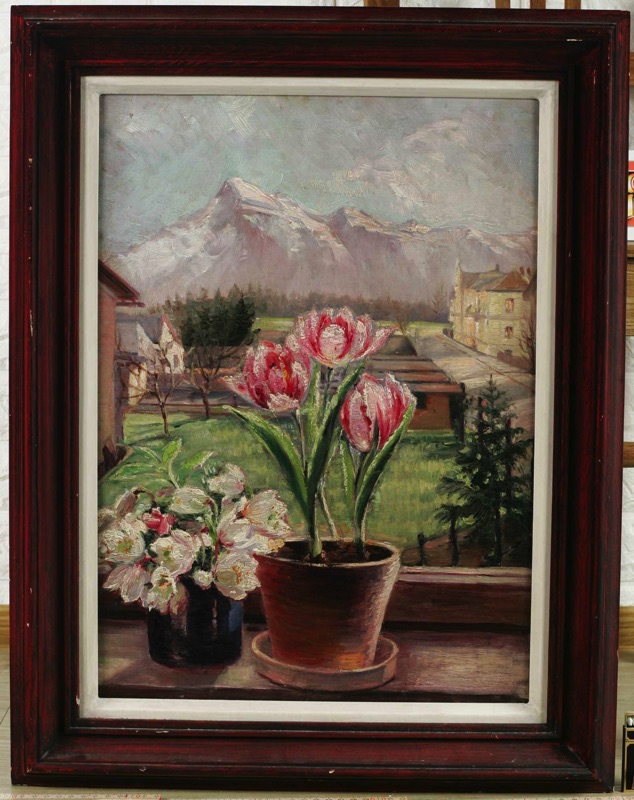 E Heckel Hemmenhofen antikes Ölgemälde Berglandschaft Blumentöpfe