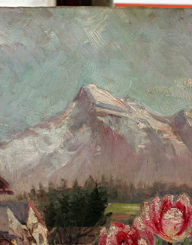 E Heckel Hemmenhofen antikes Ölgemälde Berglandschaft Blumentöpfe