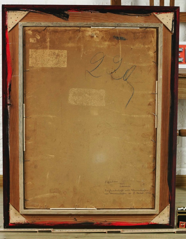 E Heckel Hemmenhofen antikes Ölgemälde Berglandschaft Blumentöpfe