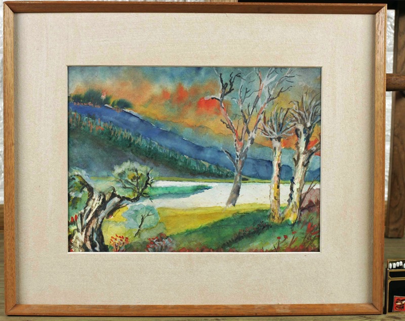 E M Monogramm Aquarell expressive Landschaft 1957