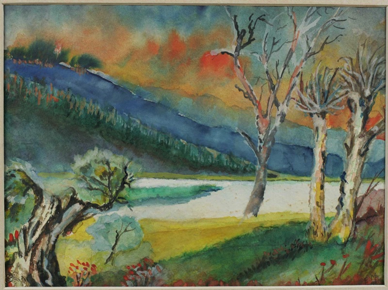 E M Monogramm Aquarell expressive Landschaft 1957