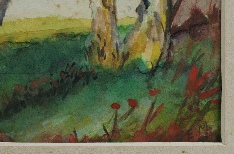 E M Monogramm Aquarell expressive Landschaft 1957