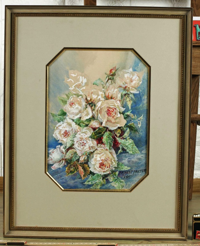 Ernest Preyer Aquarell antik 1897 Rosen Stillleben