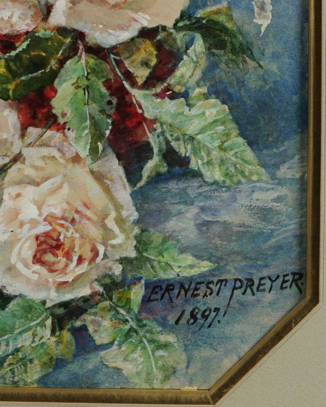 Ernest Preyer Aquarell antik 1897 Rosen Stillleben