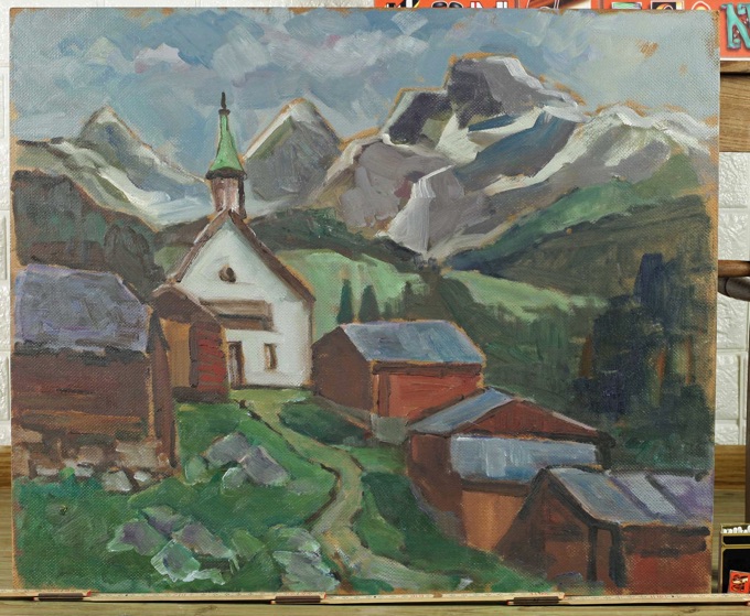 Ernst Pader Ölgemälde Alpen Kapelle Dorf Landschaft 3