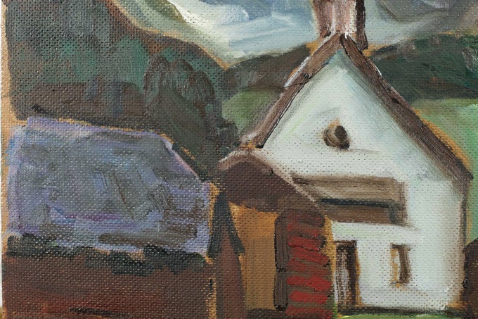 Ernst Pader Ölgemälde Alpen Kapelle Dorf Landschaft 3
