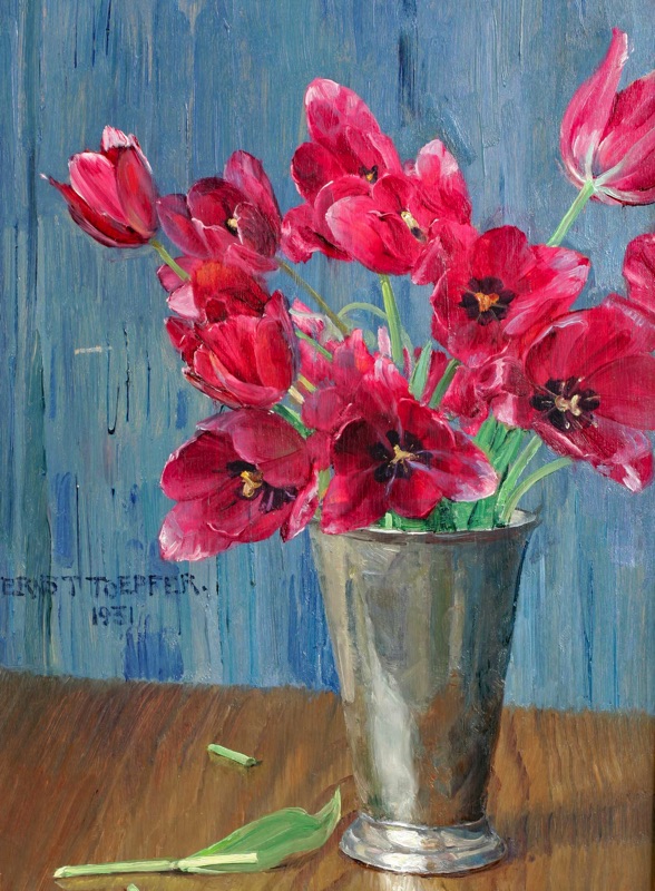Ernst Toepfer Ölgemälde antik 1931 Stillleben Tulpen Jugendstil