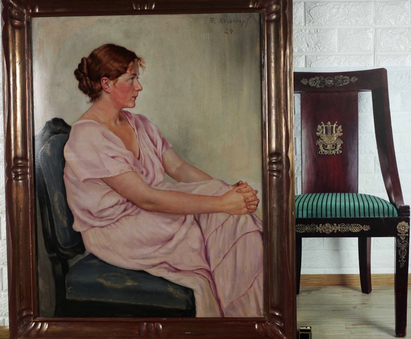 Friedrich Krampf antikes Ölgemälde von 1924 Portrait Dame Frau