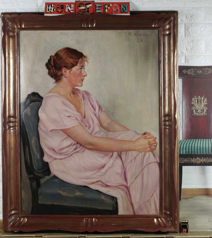 Friedrich Krampf antikes Ölgemälde von 1924 Portrait Dame Frau