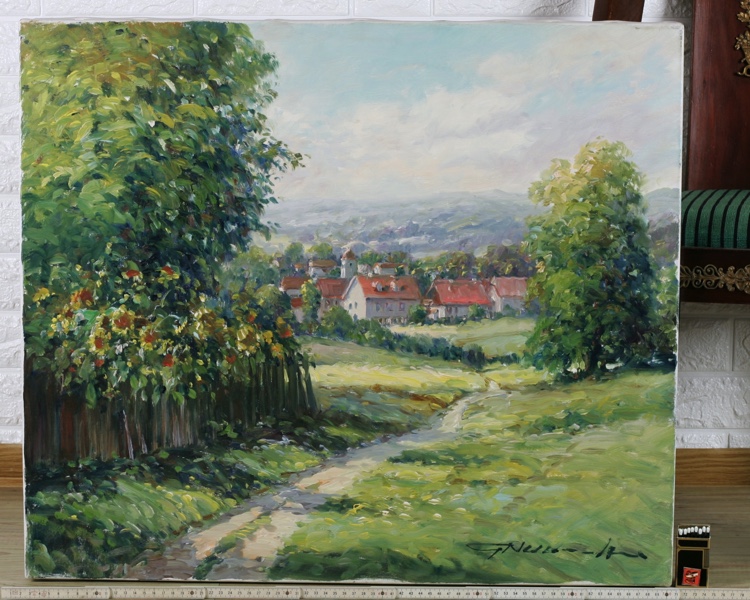 Gerhard Neswadba Ölgemälde Dorf Landschaft Sonnenblumen 70cm