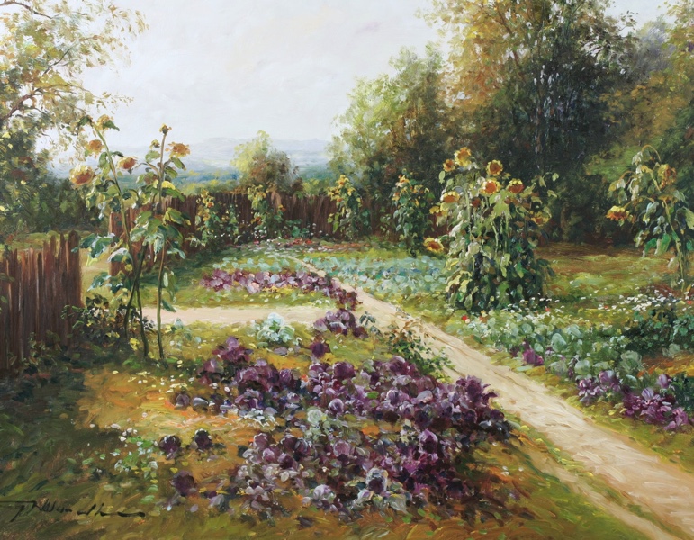 Gerhard Neswadba Ölgemälde Garten Landschaft Sonnenblumen 80cm