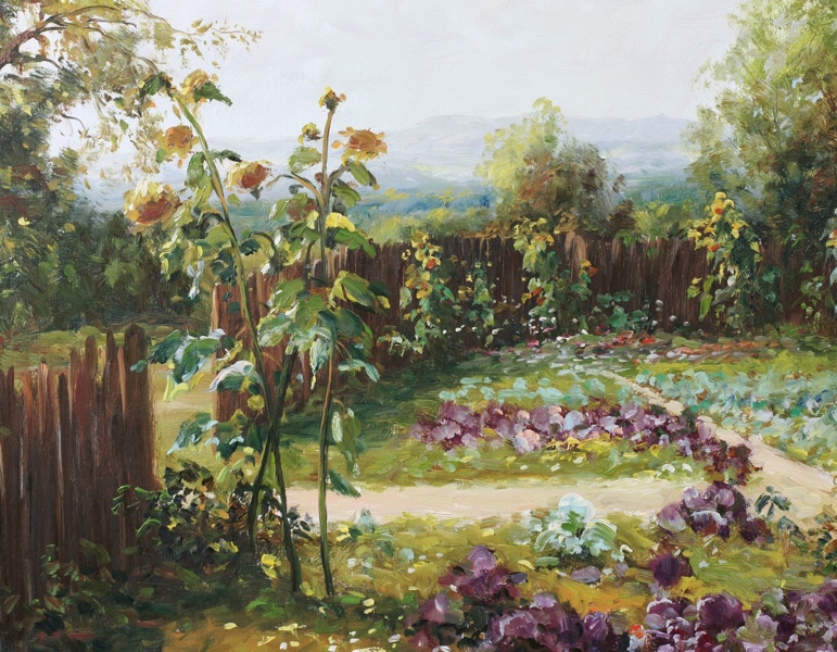 Gerhard Neswadba Ölgemälde Garten Landschaft Sonnenblumen 80cm