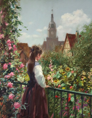 Graf Ölgemälde Impressionist Blumen Mädchen Dorf