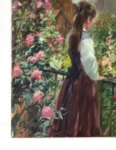 Graf Ölgemälde Impressionist Blumen Mädchen Dorf