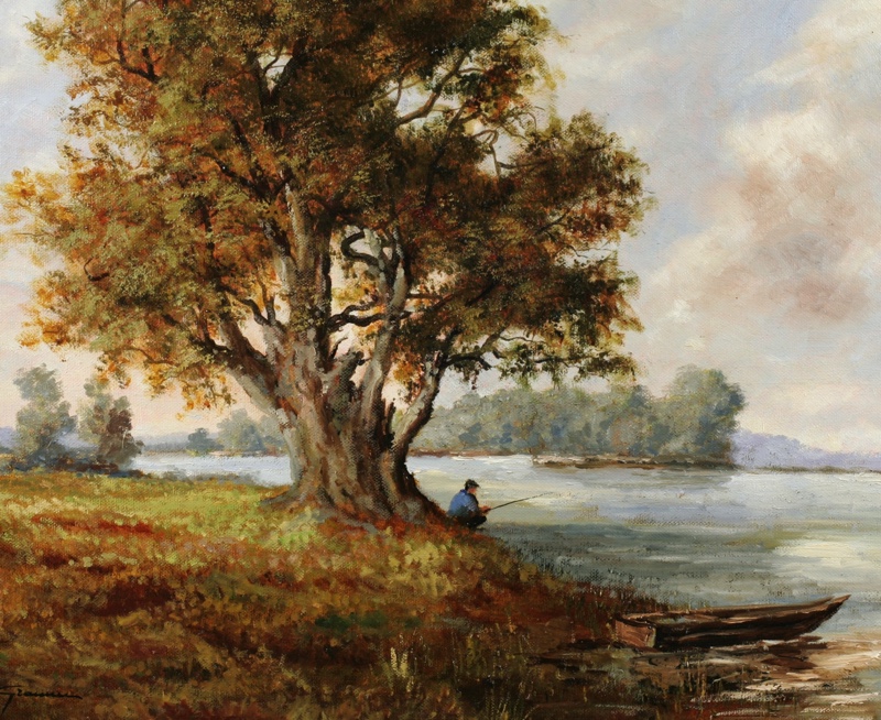 Gramm Ölgemälde älter Angler am See Boot Chiemsee