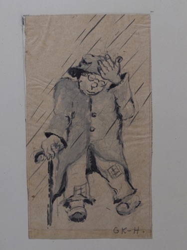 Gretl Kratz Hanow Aquarell antik 1945 Mann Karikatur Rippe