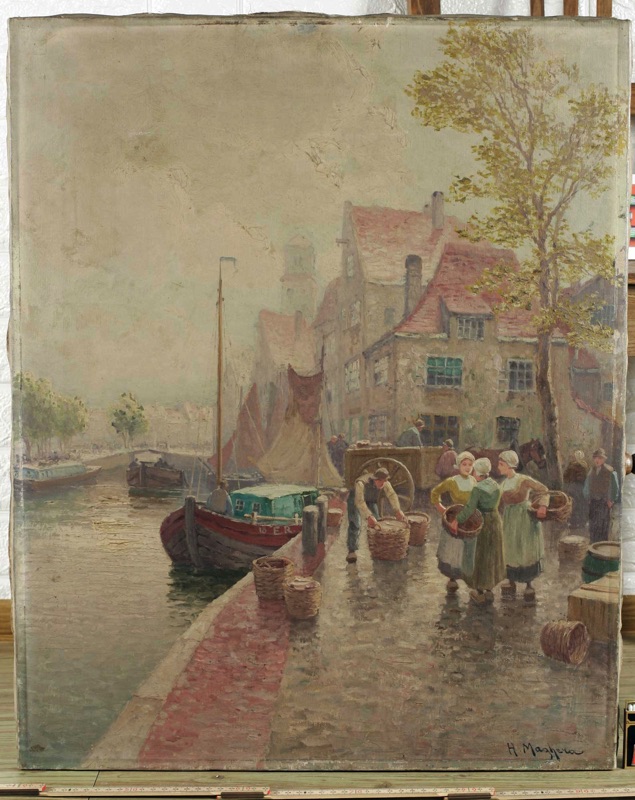 H Mayhew antikes Ölgemälde Holland Volendam Personen Kanal