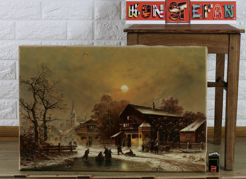 Hans Grass Ölgemälde ältere Eisläufer Dorf Winter