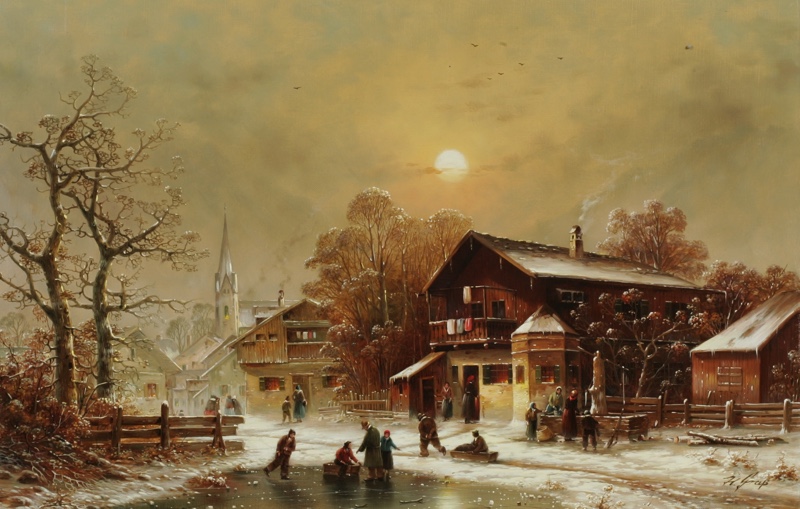 Hans Grass Ölgemälde ältere Eisläufer Dorf Winter