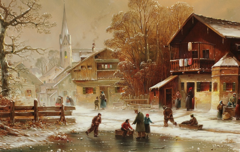 Hans Grass Ölgemälde ältere Eisläufer Dorf Winter