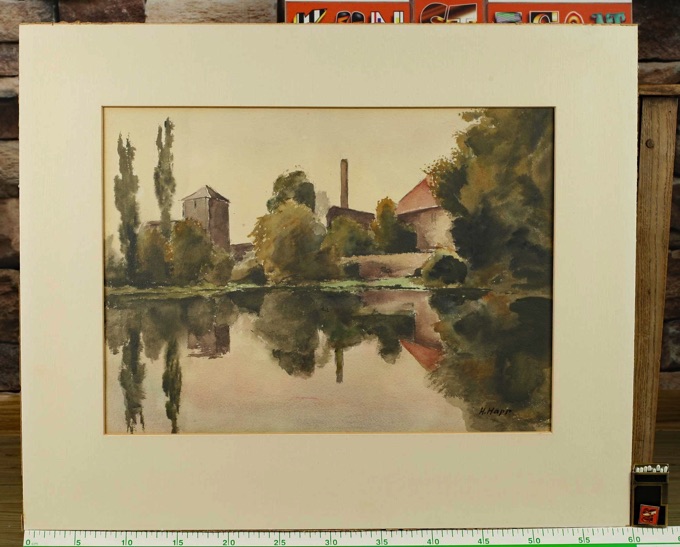 Hans Happ Aquarell älter See Häuser