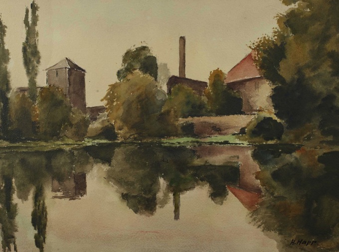 Hans Happ Aquarell älter See Häuser