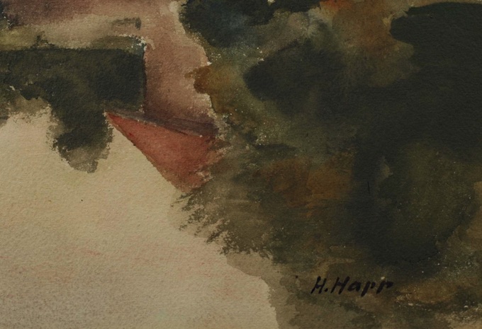 Hans Happ Aquarell älter See Häuser