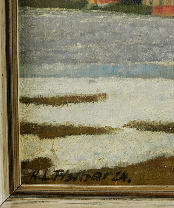 Hans Ludwig Fischer antikes Ölgemälde 1924 Stadt Winter