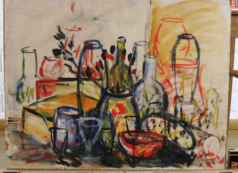 Hans Schad Ölgemälde 1952 Gläser Flaschen Stillleben