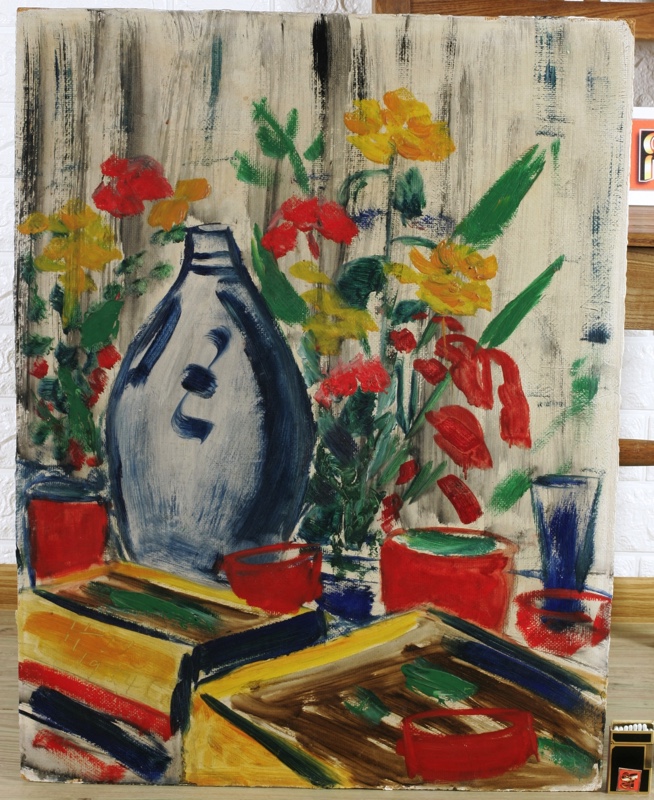 Hans Schad Ölgemälde 1954 Blumen mit blauem Krug Stillleben