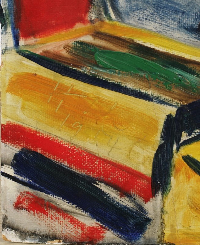 Hans Schad Ölgemälde 1954 Blumen mit blauem Krug Stillleben