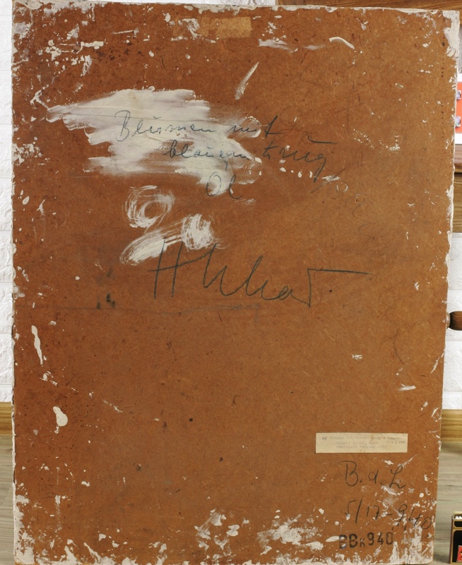 Hans Schad Ölgemälde 1954 Blumen mit blauem Krug Stillleben