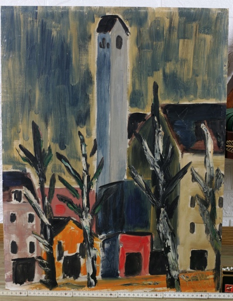 Hans Schad Ölgemälde 1954 Straße mit Turm expressiv