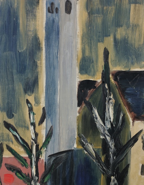 Hans Schad Ölgemälde 1954 Straße mit Turm expressiv