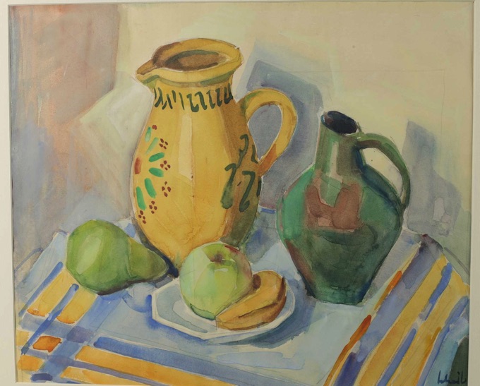 Hans Scheil 1896 1989 Aquarell Stillleben Obst Krug