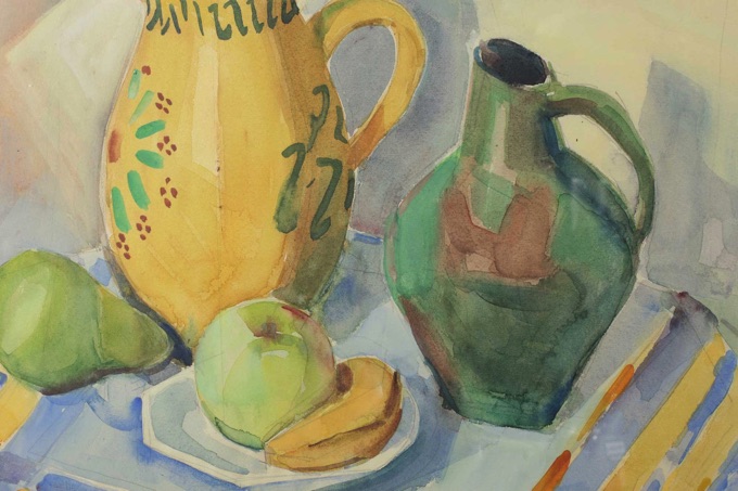 Hans Scheil 1896 1989 Aquarell Stillleben Obst Krug