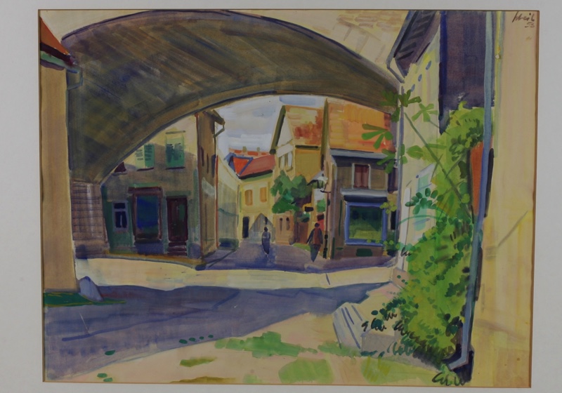 Hans Scheil Aquarell 1953 Stadt Brücke