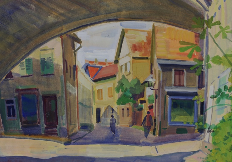 Hans Scheil Aquarell 1953 Stadt Brücke