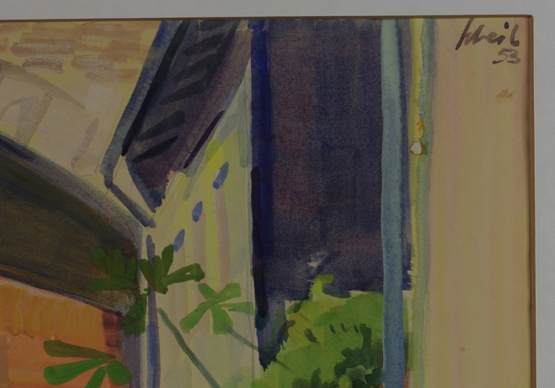 Hans Scheil Aquarell 1953 Stadt Brücke