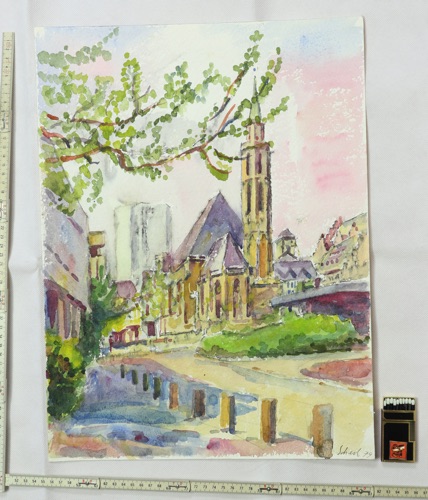 Hans Scheil Aquarell 1979 Kirche Frankfurt am Main skyline