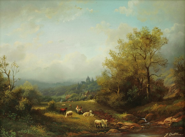 Herbert Duttler Ölgemälde Schäfer Idylle Schloss Dorf Landschaft