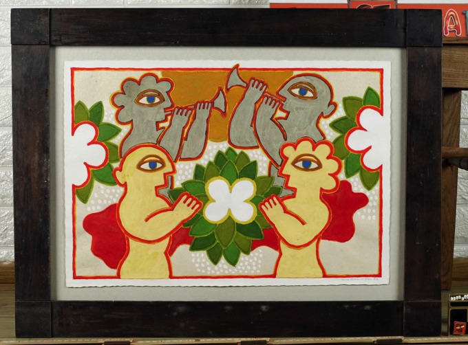 Herbert Schneider Aquarell 1982 Figuren Trompeten