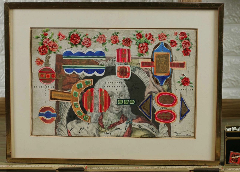 Herbert Schneider Aquarell Collage antiker Stich 1969