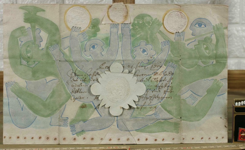 Herbert Schneider Aquarell Collage antikes Dokument 1709