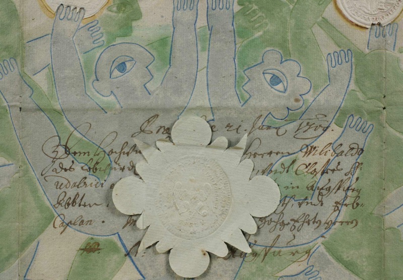 Herbert Schneider Aquarell Collage antikes Dokument 1709